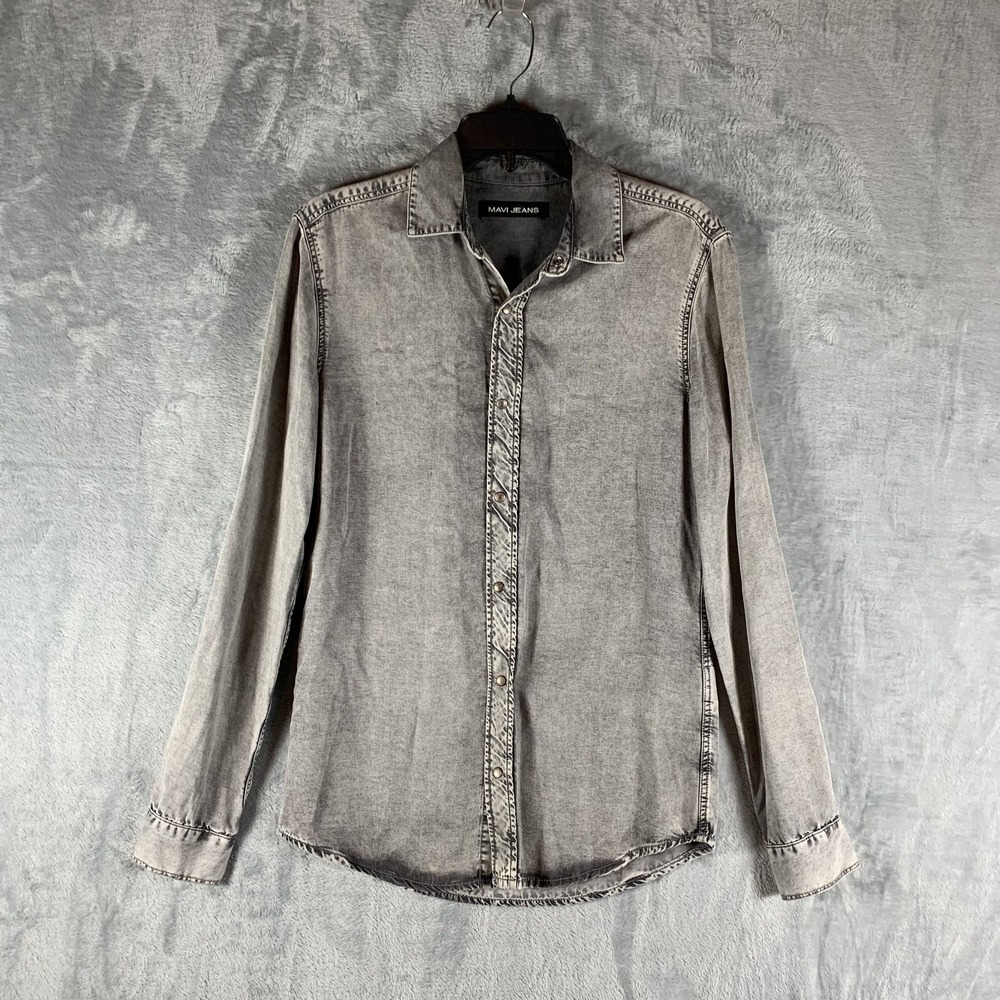 Mavi Jeans Men's Denim Shirt Snap Up Washed Distressed‎ XS Tencel Rockabilly